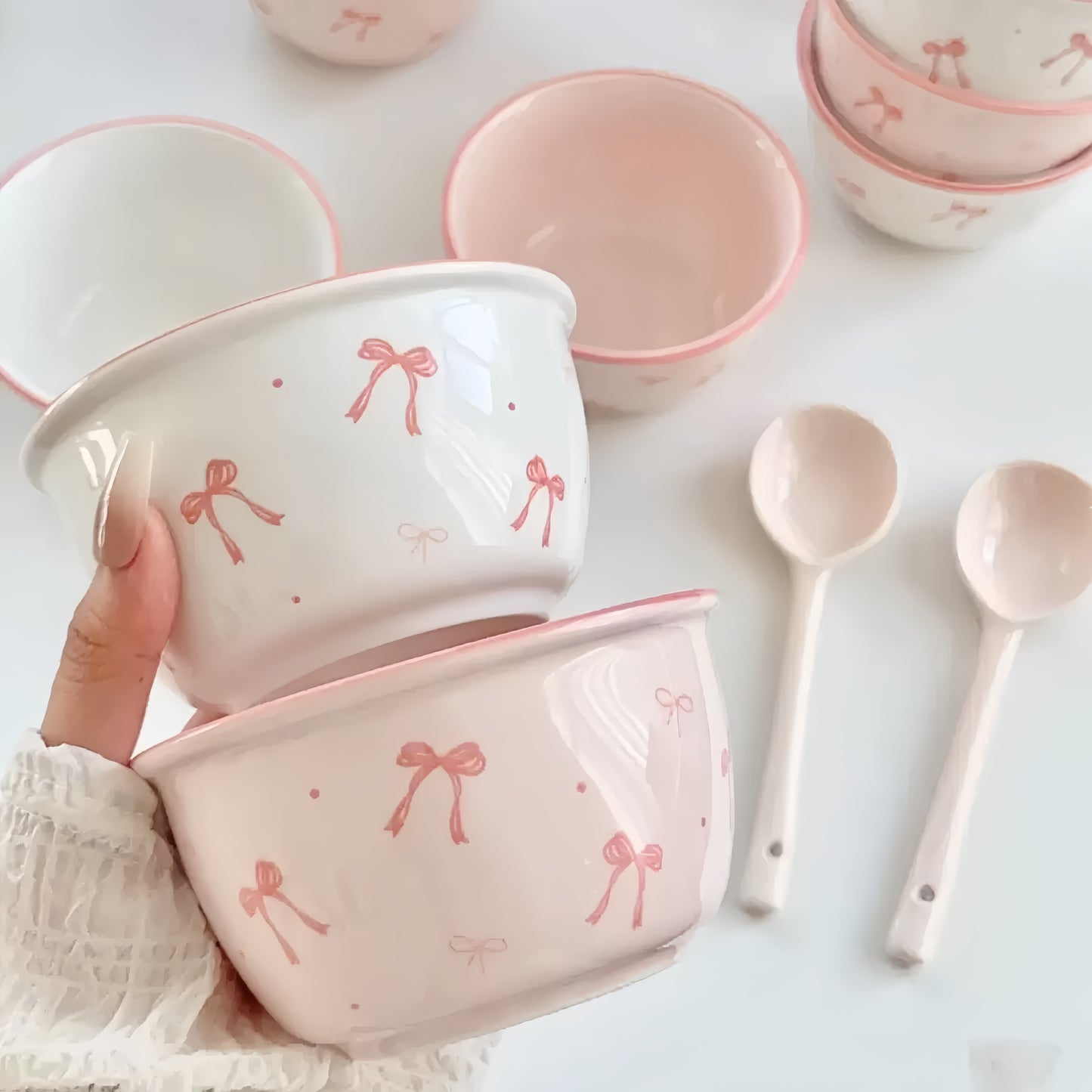 White and pink ceramic bowl with spoon set featuring elegant bow design - durable tableware for dining