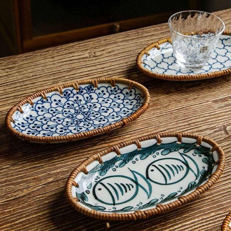 Artisan’s hands meticulously weaving and painting the rattan snack plate