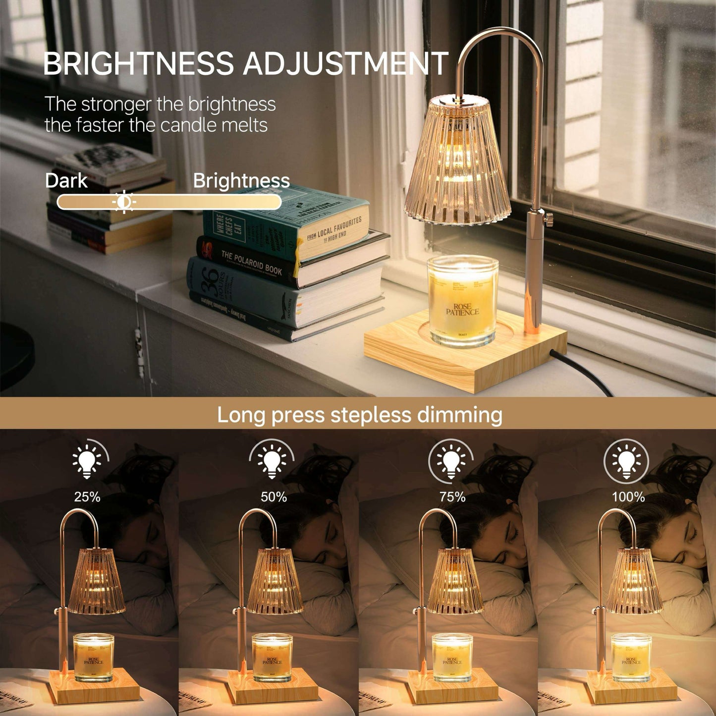 Close-up of the Candle Warmer Lamp’s dimmable light settings for customizable brightness.