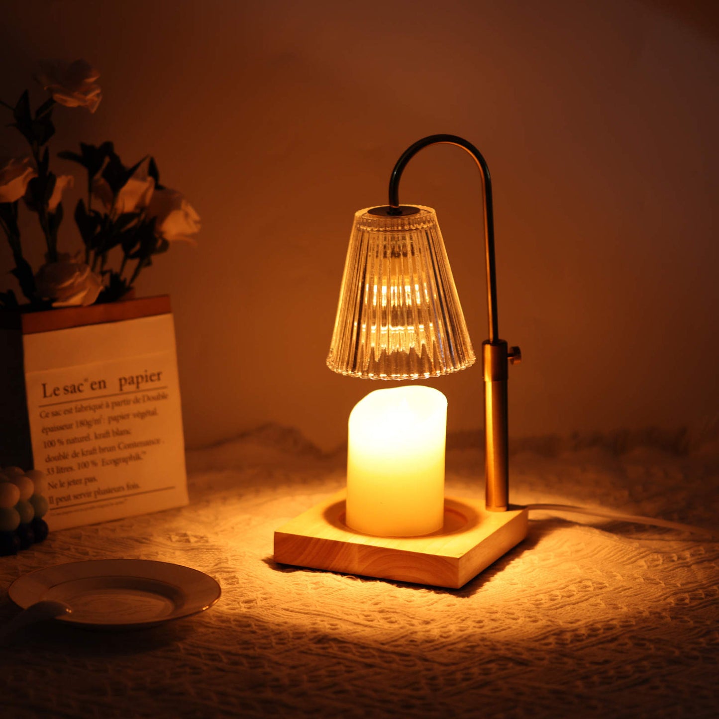 Top view of the Candle Warmer Lamp, displaying the halogen warming bulb and candle placement.