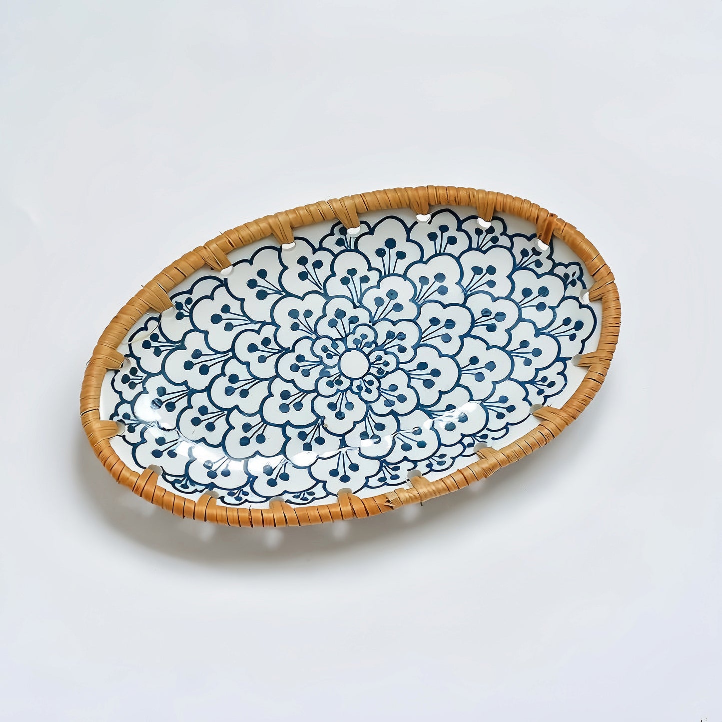 Handcrafted rattan plate paired with matcha tea and traditional Japanese sweets for an authentic cultural experience