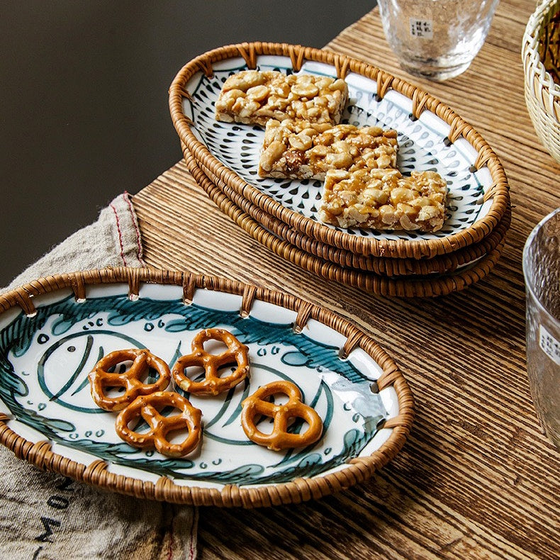 Japanese-style rattan plate serving assorted party snacks at a festive gathering