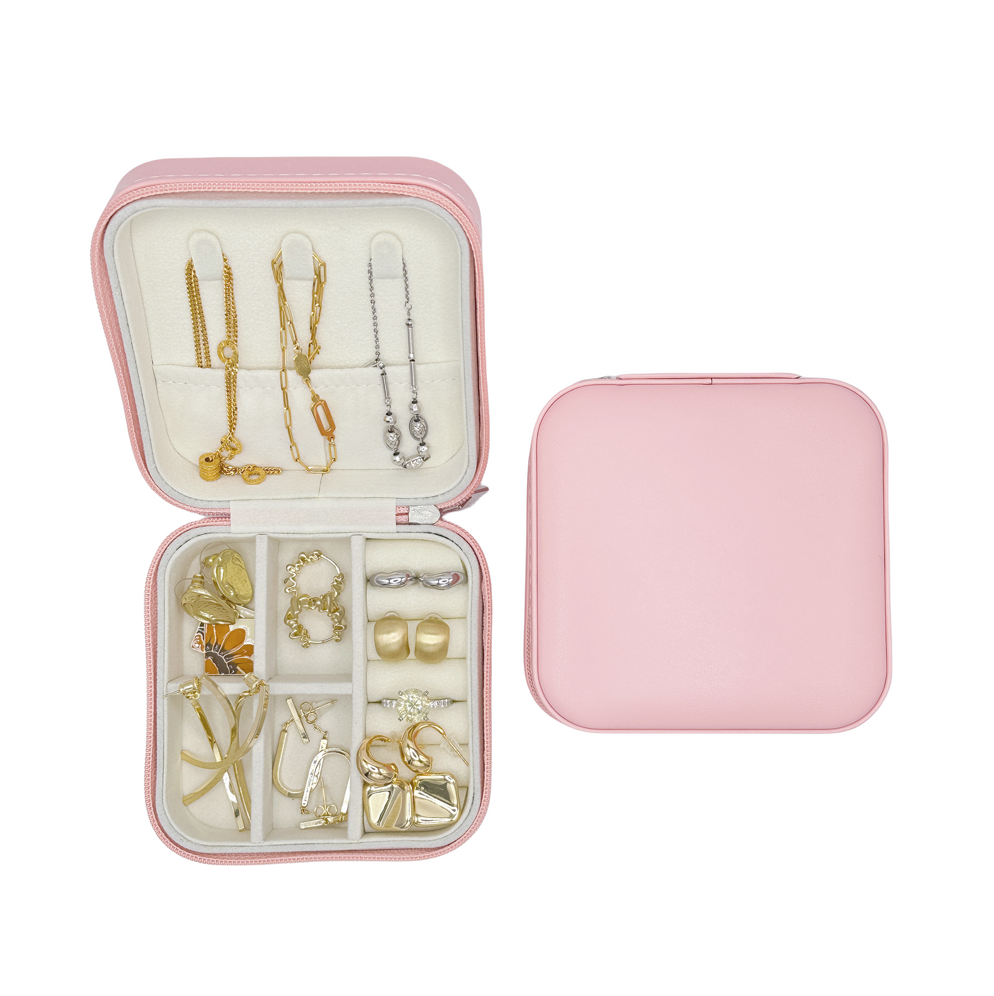 Luxurious velvet-lined compartments holding rings, earrings, and bracelets in a compact design