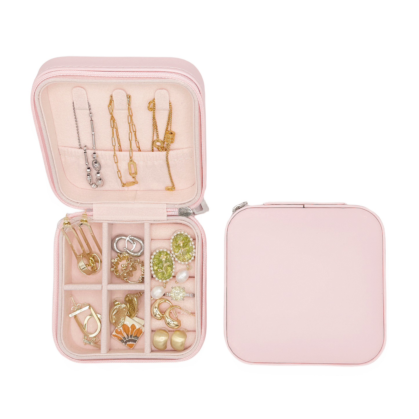 Trendy pink jewelry organizer with zippered closure, perfect for keeping valuables secure during travel