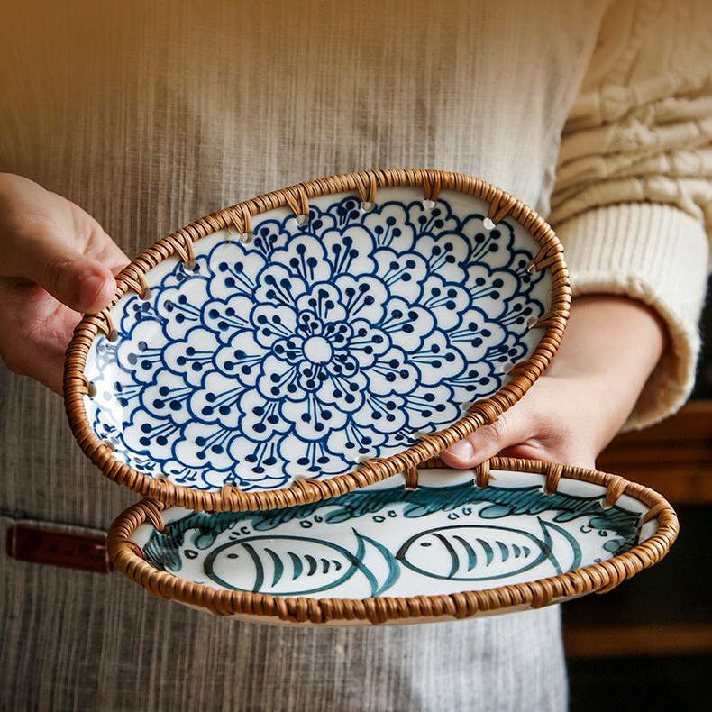 Close-up of hand-painted rattan plate highlighting traditional Japanese craftsmanship