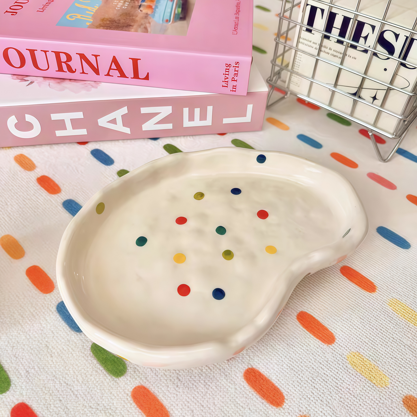 Hand-painted colorful polka dot design on high-quality ceramic tray with glossy finish.