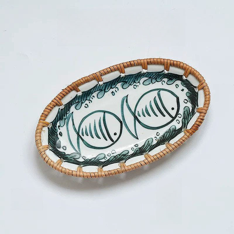 Japanese Style Rattan Snack Plate - 100% handcrafted, hand-painted