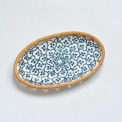 Japanese Style Rattan Snack Plate - 100% handcrafted, hand-painted