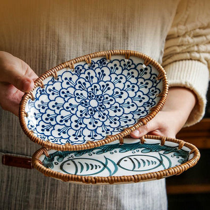 Japanese Style Rattan Snack Plate - 100% handcrafted, hand-painted