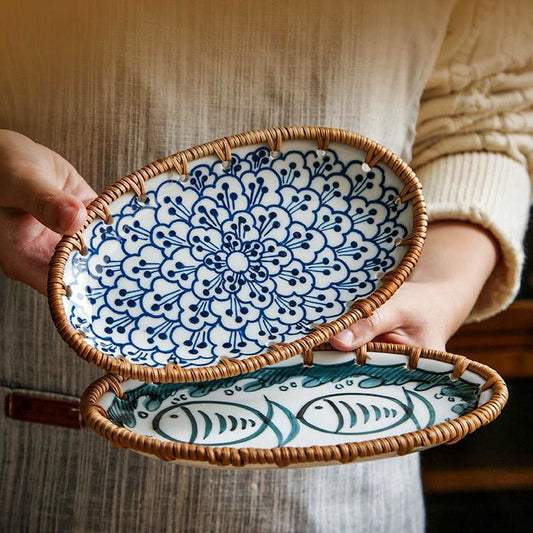 Japanese Style Rattan Snack Plate - 100% handcrafted, hand-painted