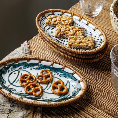 Japanese Style Rattan Snack Plate - 100% handcrafted, hand-painted