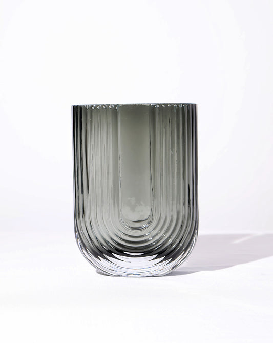 U-Shaped Reeded Glass Vase - Smoke Gray