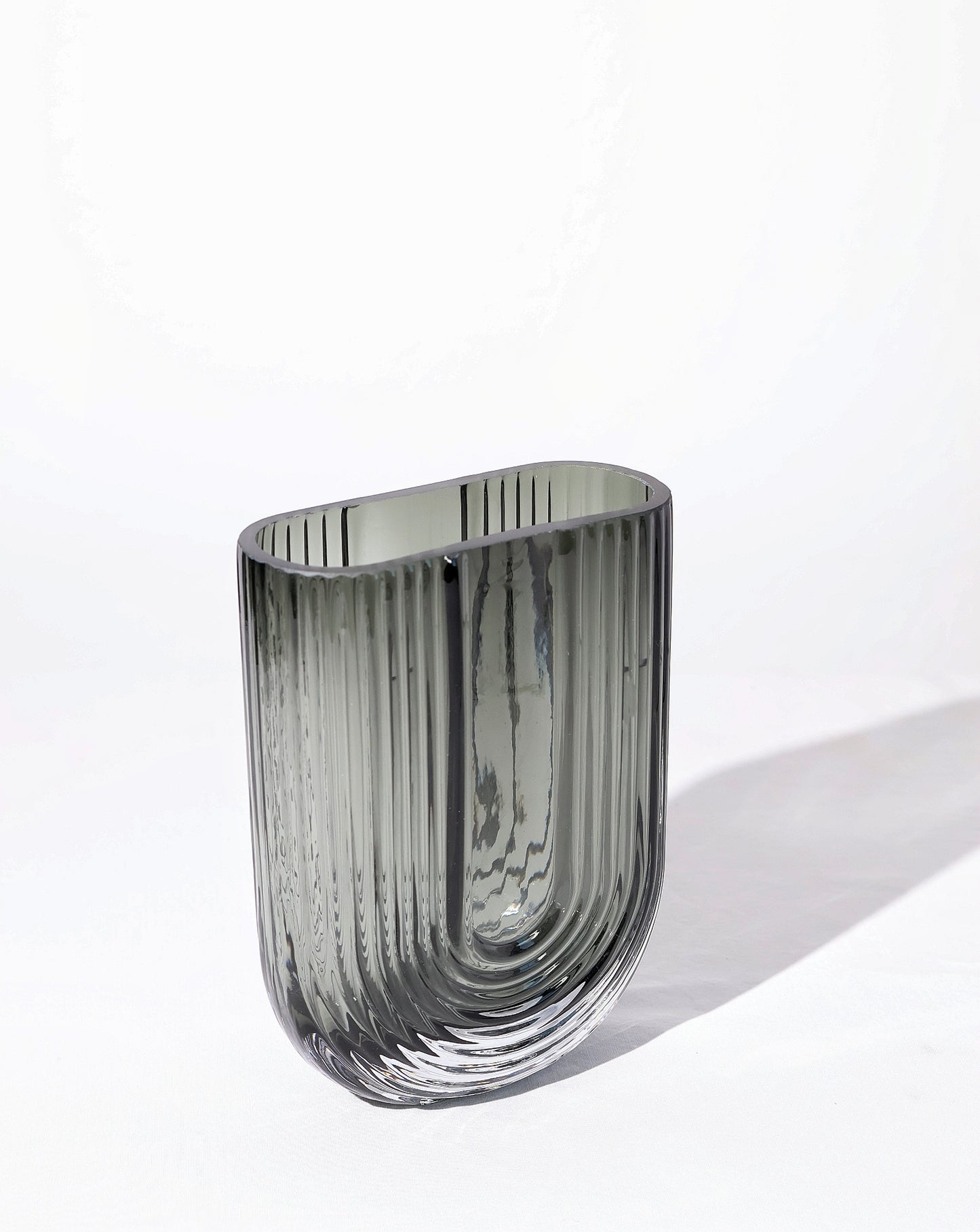 U-Shaped Reeded Glass Vase - Smoke Gray