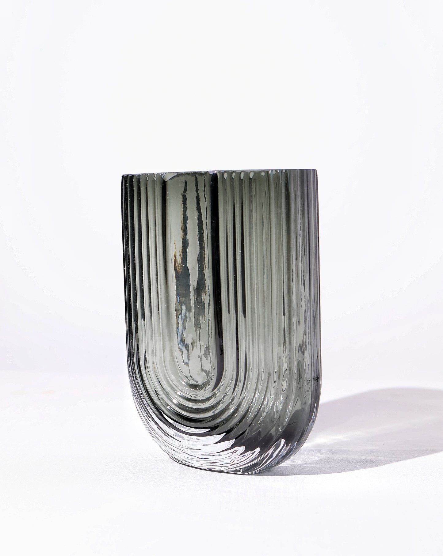 U-Shaped Reeded Glass Vase - Smoke Gray