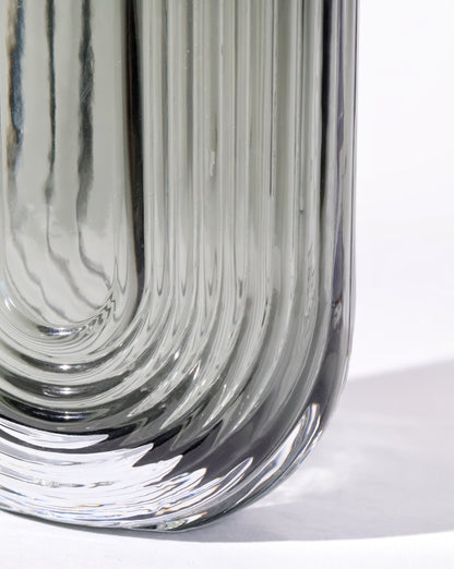 U-Shaped Reeded Glass Vase - Smoke Gray