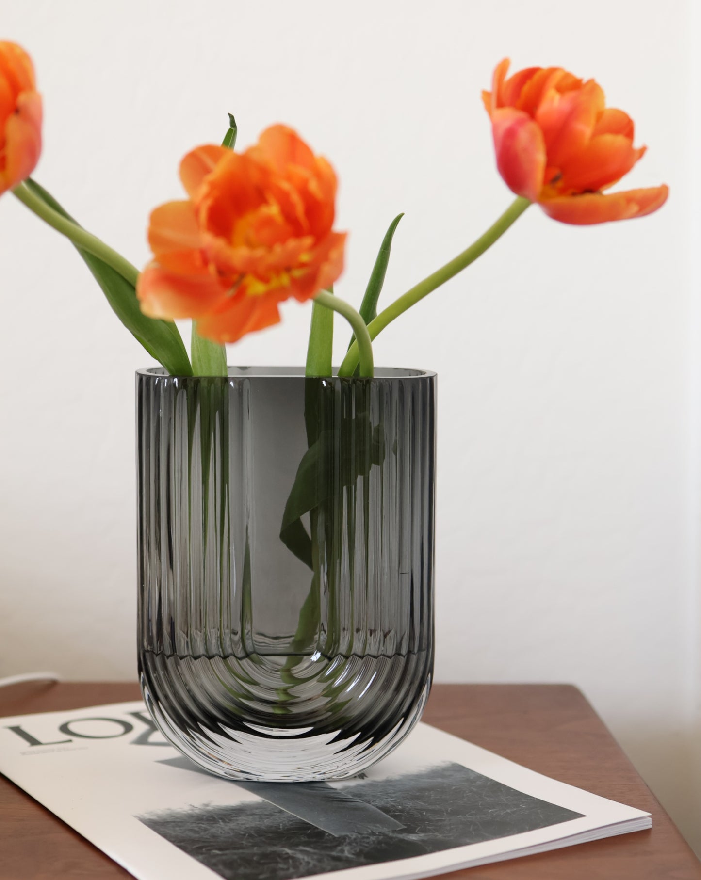 U-Shaped Reeded Glass Vase - Smoke Gray