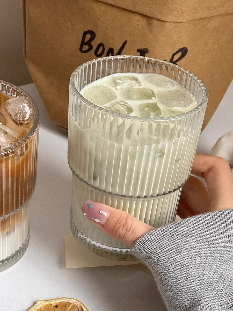 Ribbed Glass Cup with Straw