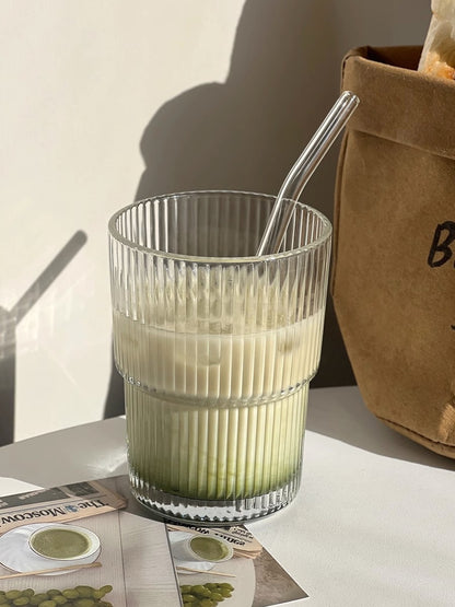 Ribbed Glass Cup with Straw