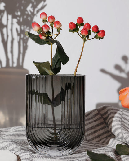 U-Shaped Reeded Glass Vase - Smoke Gray