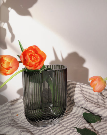 U-Shaped Reeded Glass Vase - Smoke Gray