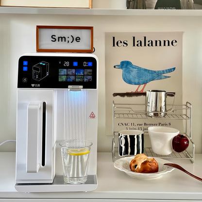 Whimsical apple cup as decorative accent on modern kitchen shelf.