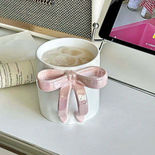 Hand-sculpted BowKnot Coffee Mug in Sakura Pink with pearl glaze finish
