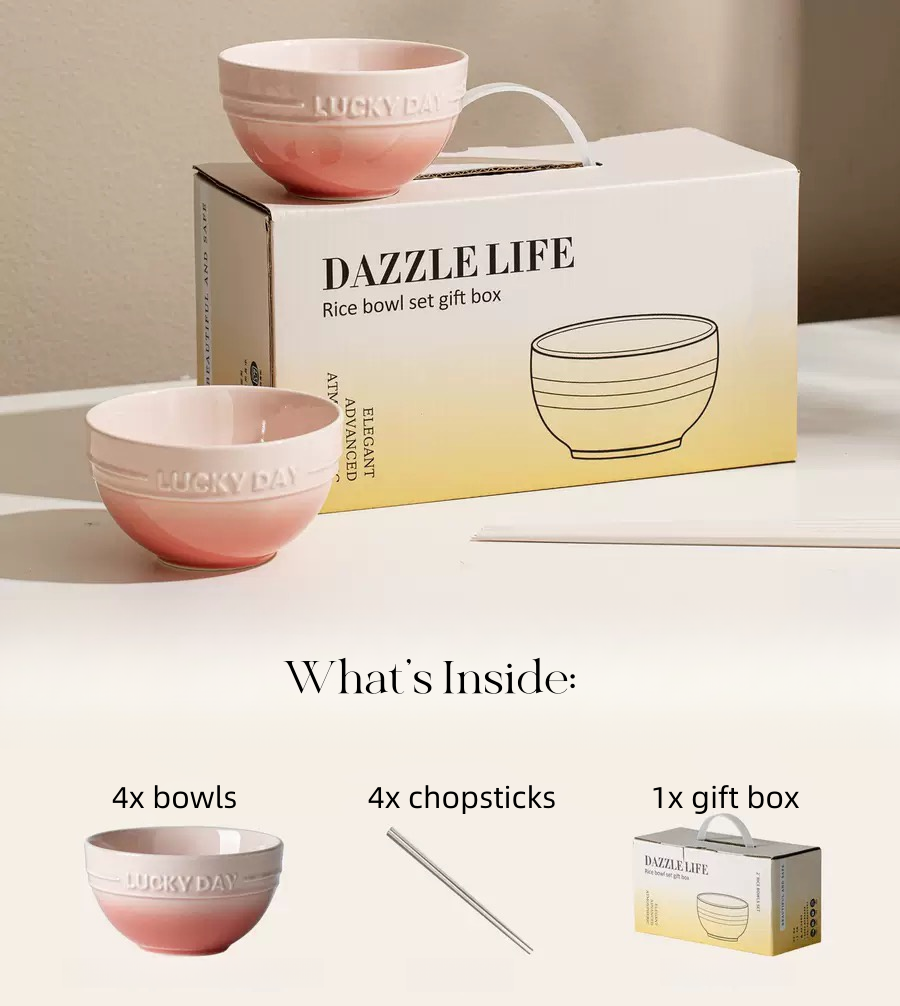 Eco-friendly box packaging of 4-piece Sakura Macaron Bowls & Chopsticks Set