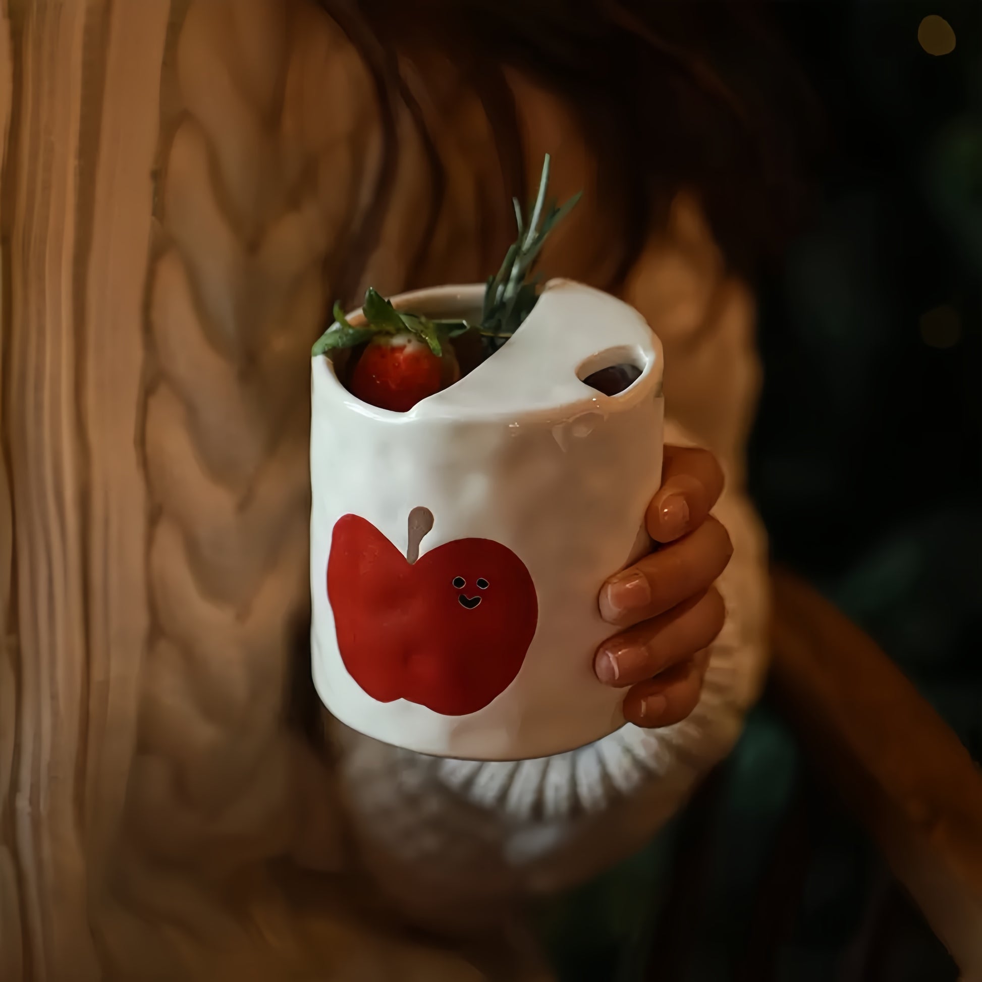 The durable and portable Happy Apple cup carried effortlessly in a tote bag for on-the-go use.