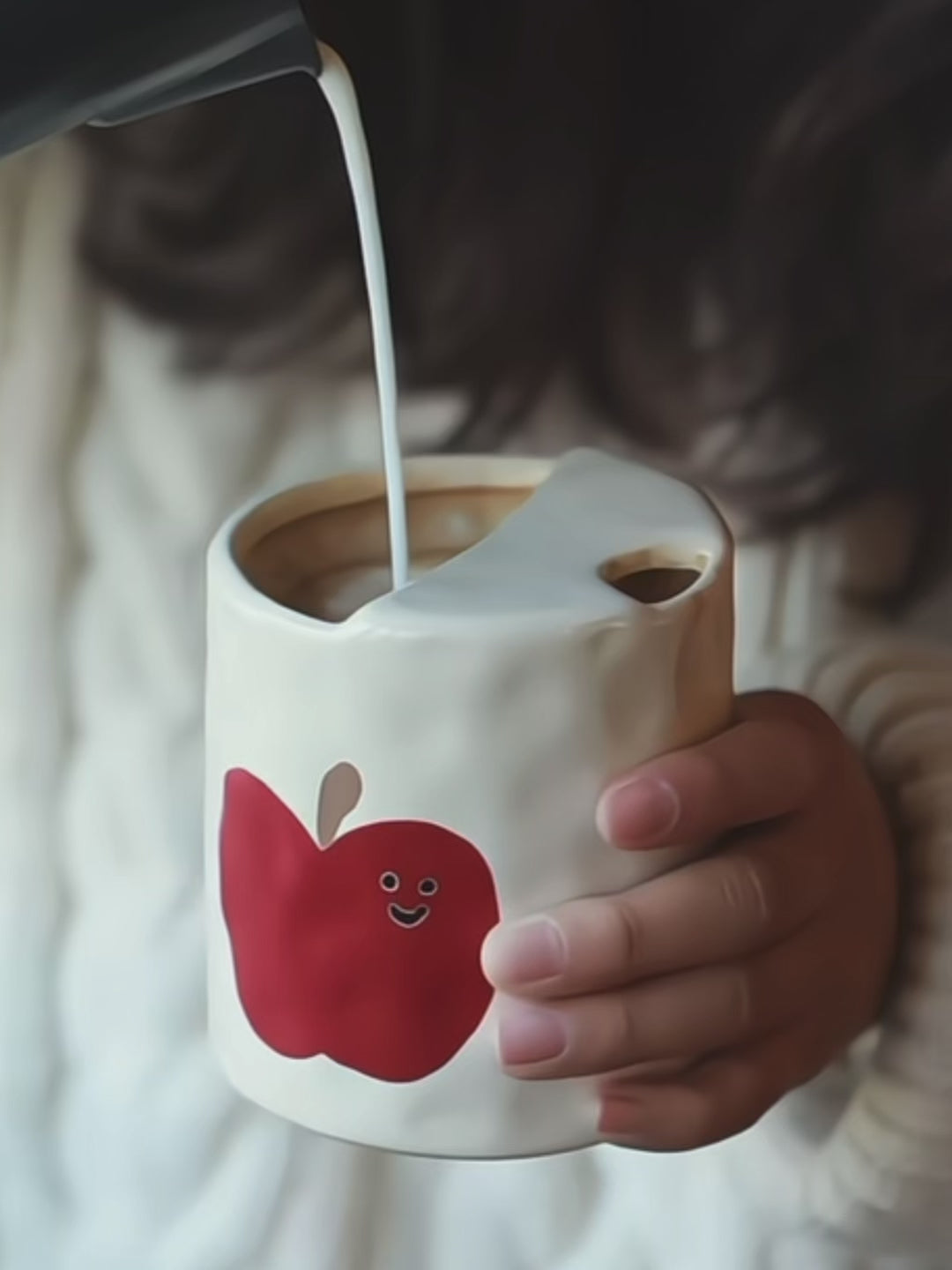 A set of handmade ceramic travel mugs shown from different angles, highlighting the unique apple artwork.