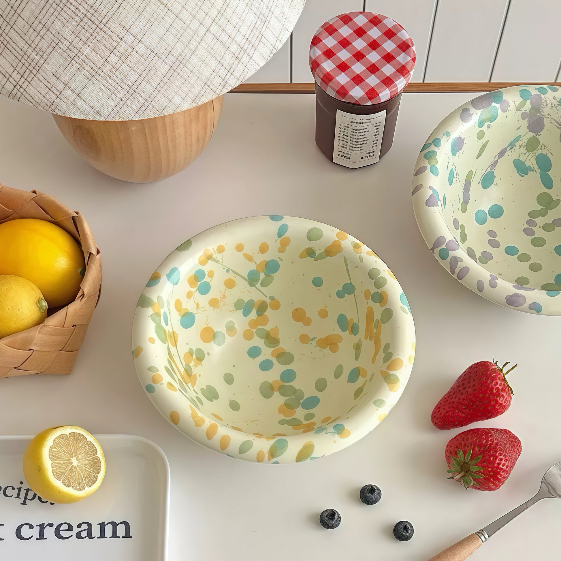 A vibrant ceramic bowl with a layered yogurt parfait with granola and fresh berries.